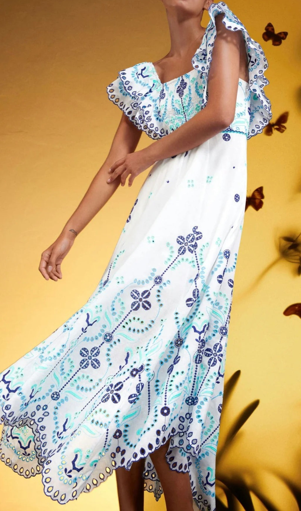Bonnie Embroidered Ruffle Off-Shoulder Midi Dress
