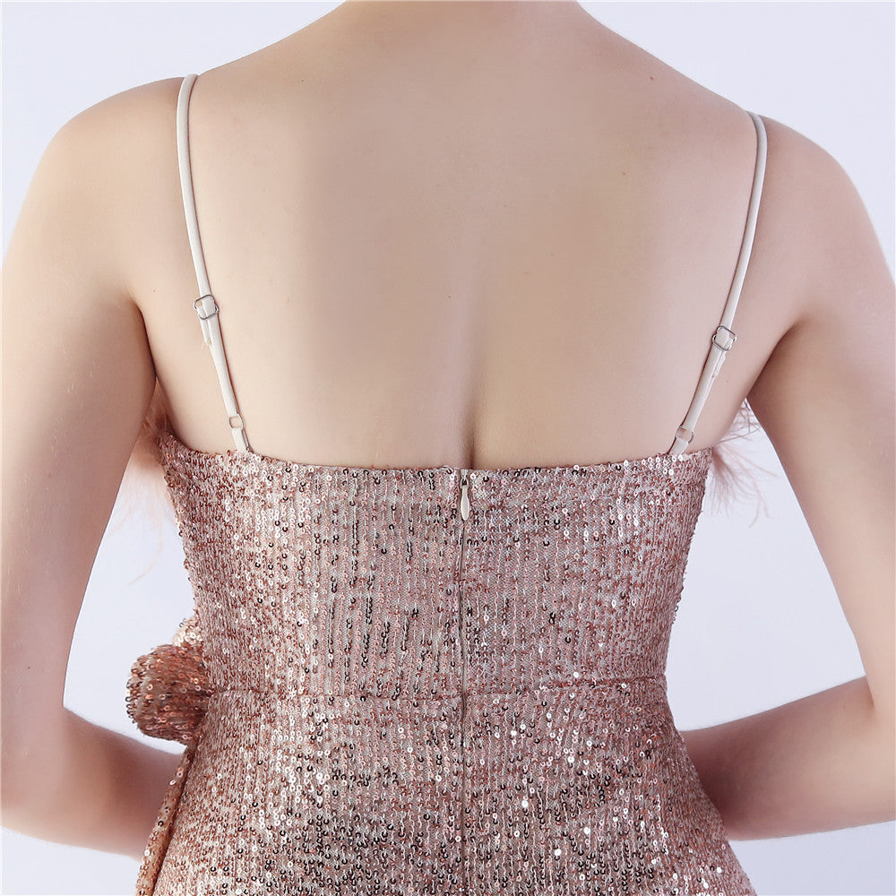 Chroma Dazzling Rose Gold Sequin Feather & Flower Maxi Gown with High Slit