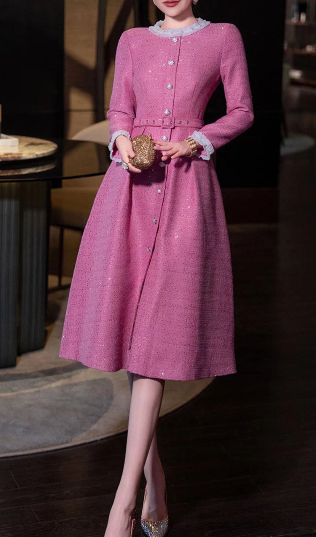 Chic Pink Sparkle Tweed Long Sleeve Belted Midi Dress