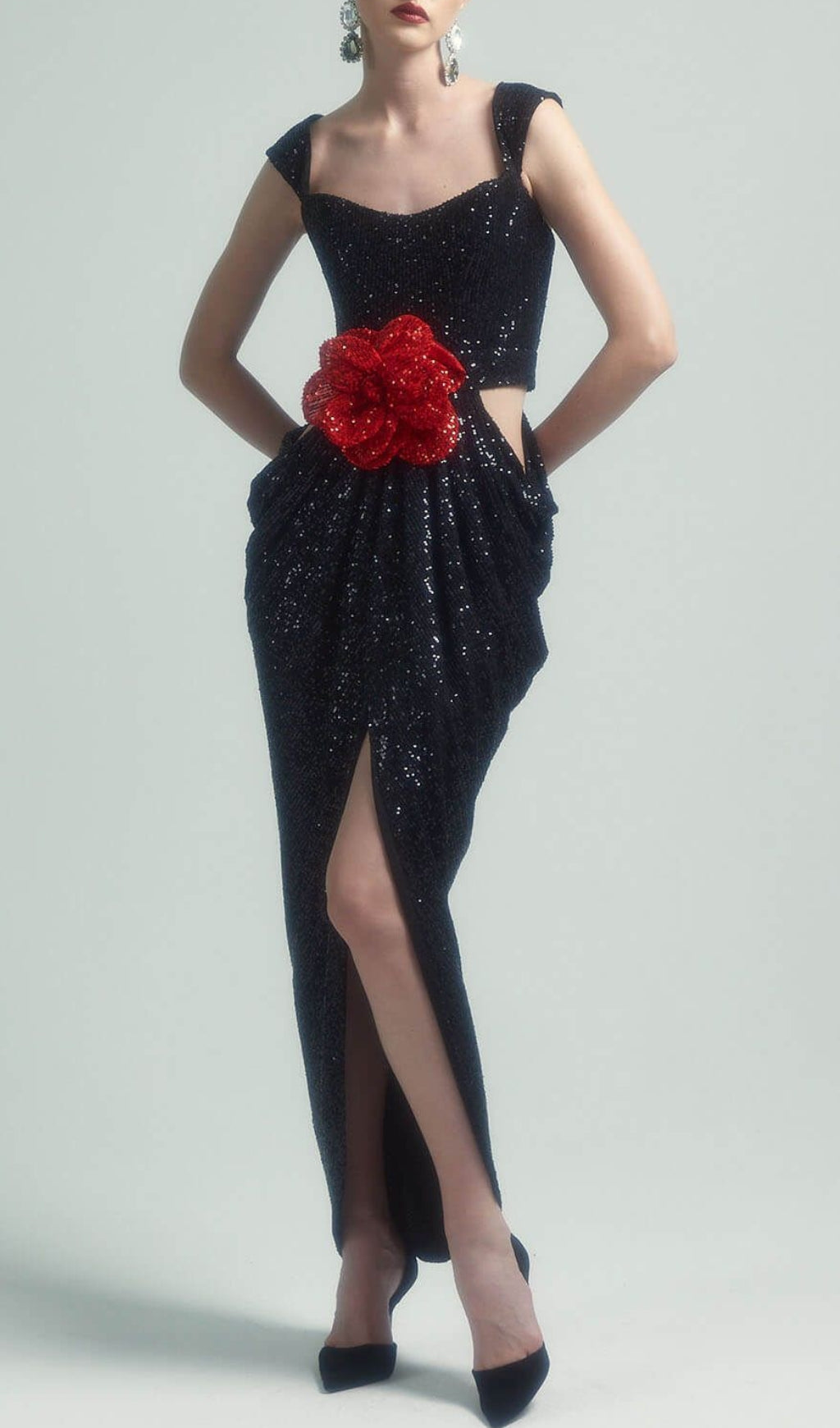 Glamorous Black Sequin Crop Top Maxi Dress with 3D Red Rose & High Slit