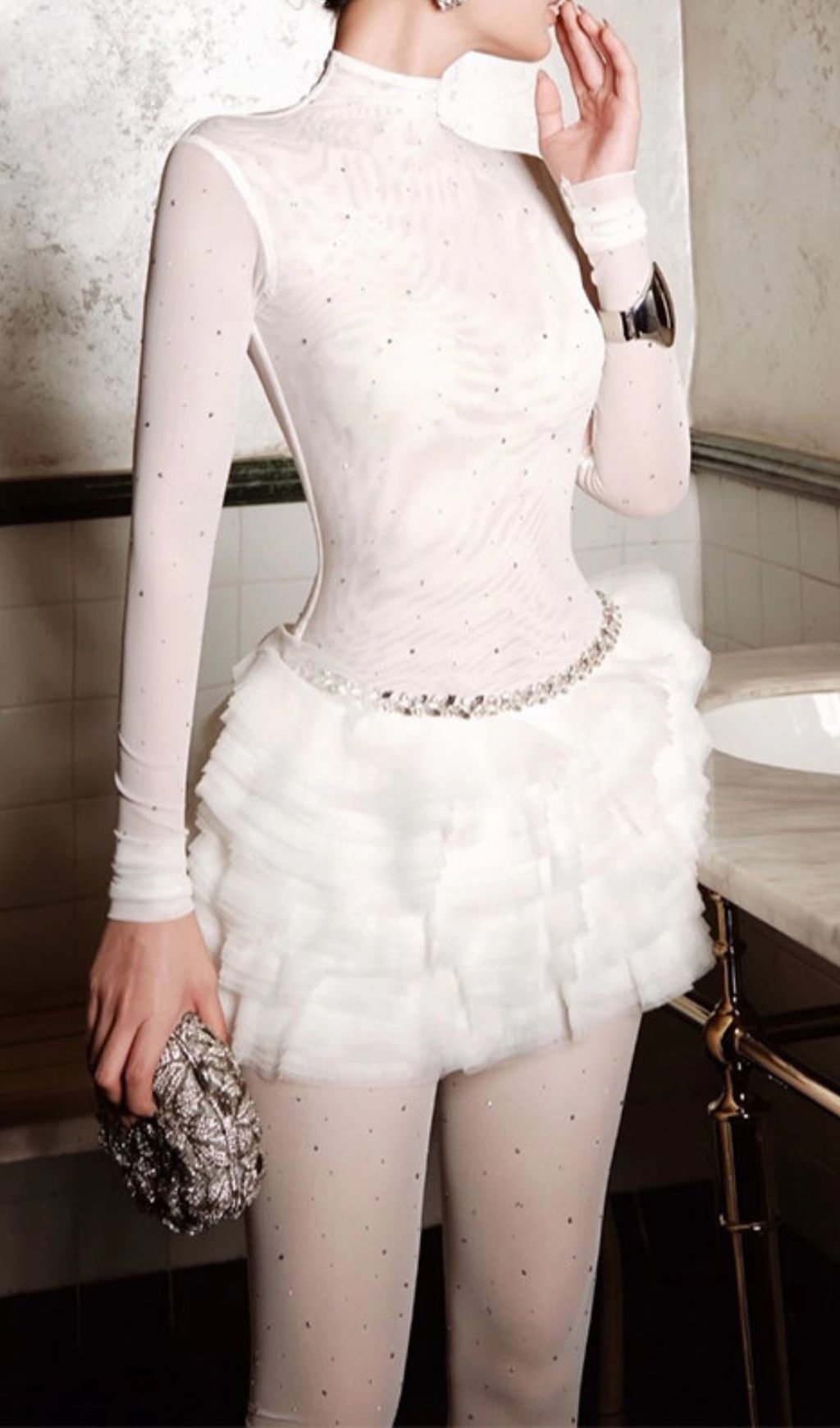 Jazelle White Sparkling Ruffle Mini Dress