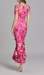 Vibrant Pink 3D Floral Embroidered Mesh Mermaid Midi Dress