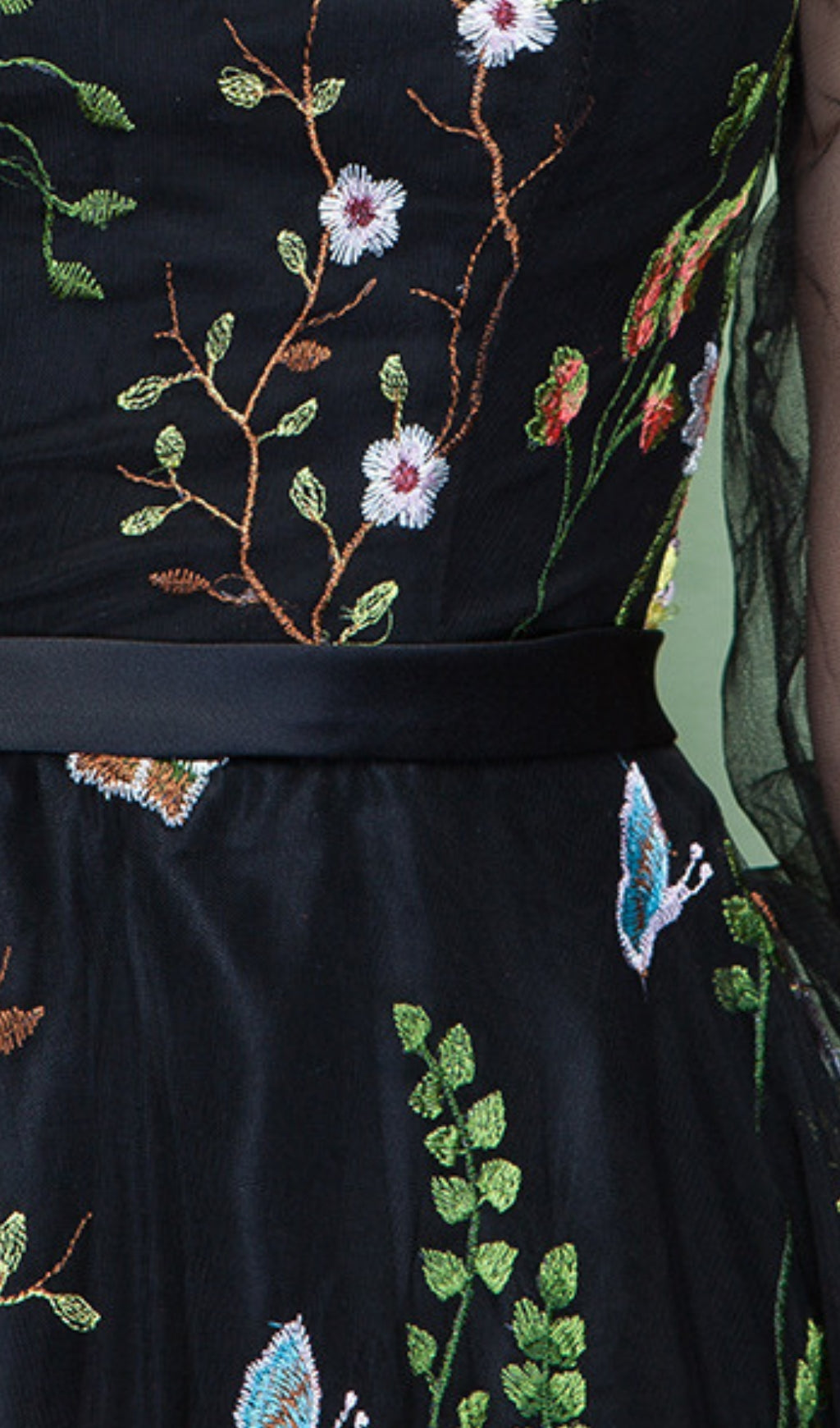 Dannell Elegant Black Floral Embroidered Mesh Sleeve Maxi Dress