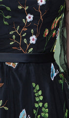 Dannell Elegant Black Floral Embroidered Mesh Sleeve Maxi Dress