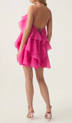 Pandorea Fuchsia Rose Layered Ruffle Halter Mini Dress