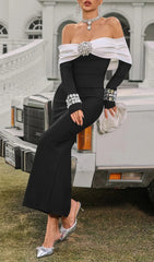 Uvandra Glamour Off-Shoulder Crystal Bandage Maxi Gown