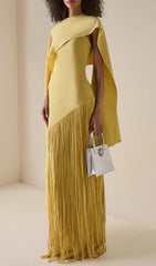 Gurit Strapless Tassel Maxi Dress with Elegant Flowy Cape