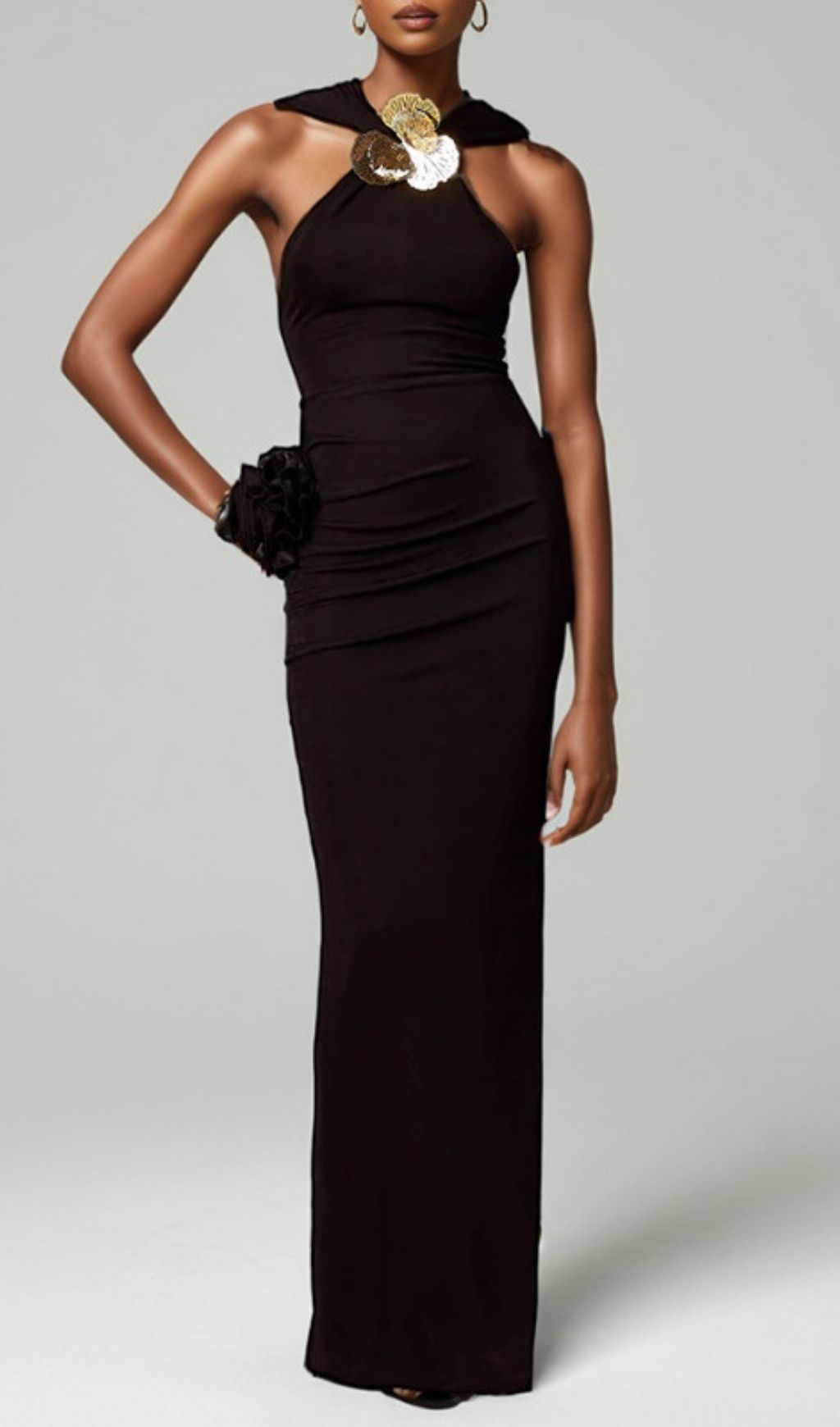 Jyn Black Halter Maxi Dress with Sculptural Floral Embellishment