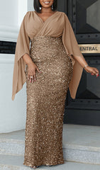 Bayarma Plus Size Glamorous Gold Sequin V-Neck Maxi Dress