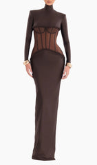 Gravity Coffee Sculpted Corset Long Sleeve Maxi Dress