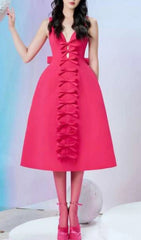Chic Pink Bow-Front V-Neck A-Line Midi Dress