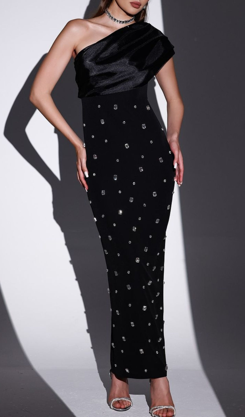 Camille Dazzling One-Shoulder Crystal Embellished Maxi Dress