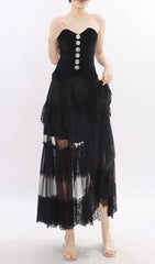 Kaliyah Black Strapless Sweetheart Velvet & Sheer Lace Maxi Dress