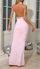 Dusha Pink Floral Embroidered Halter Neck Ruched Maxi Gown