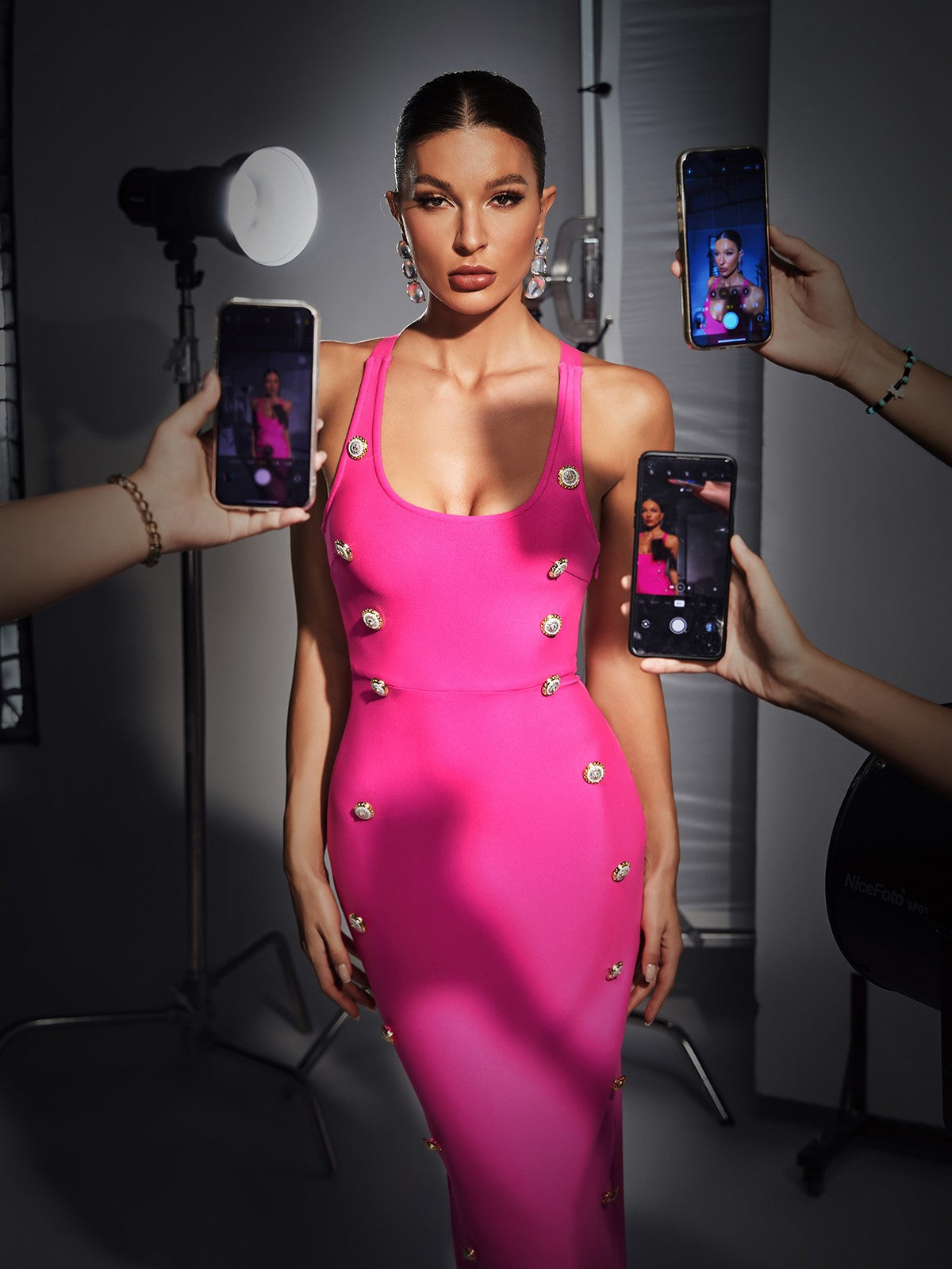 Hot Pink Button-Embellished Bandage Maxi Dress
