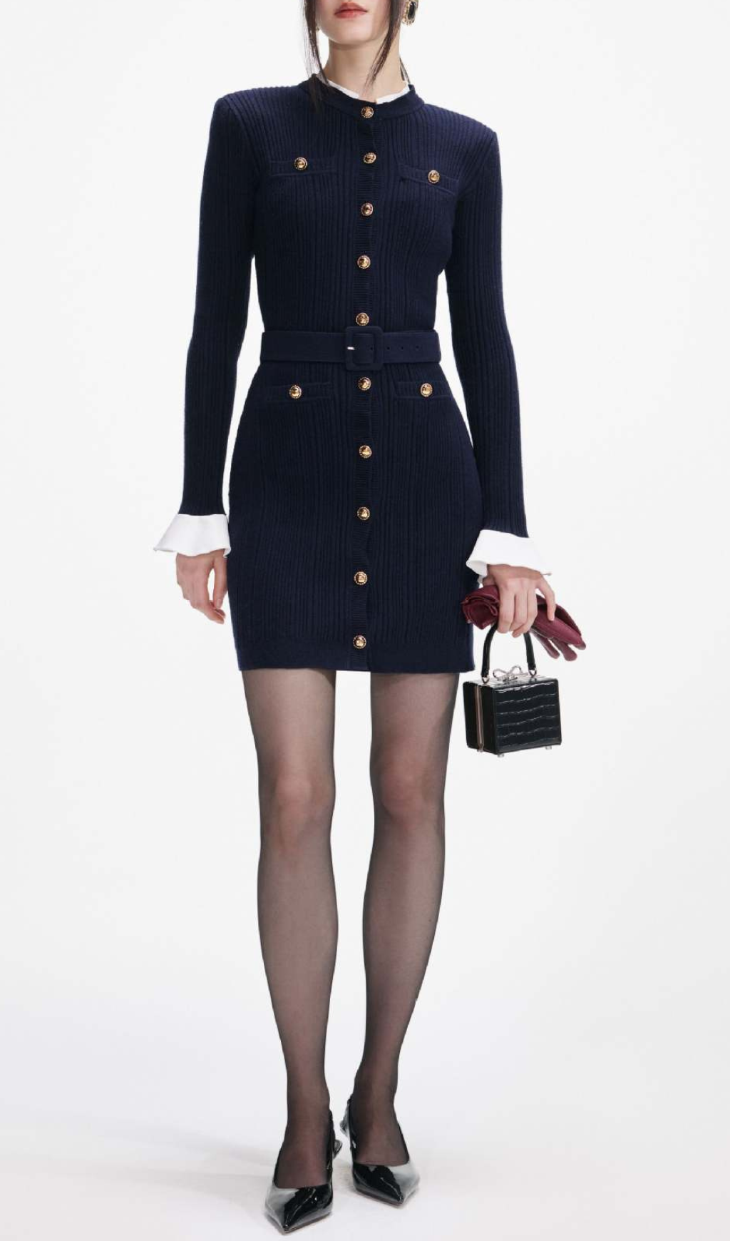 Chic Heather Knit Mini Dress with Gold Buttons & Belt