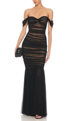 Glamorous Black Off-Shoulder Ruched Mesh Maxi Gown
