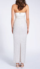 Alazne Opulent White Sequin & Pearl Strapless Maxi Gown