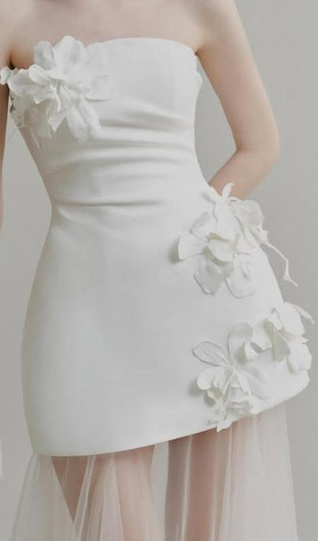 Doli White Strapless 3D Floral Sheer Tulle Statement Gown