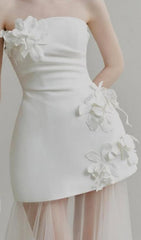 Doli White Strapless 3D Floral Sheer Tulle Statement Gown