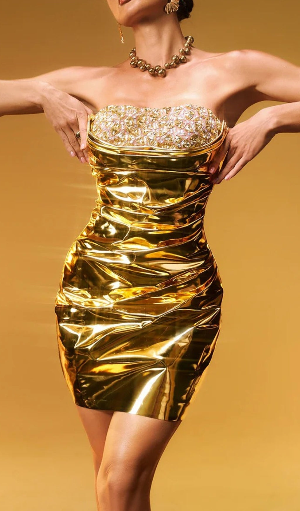 Kaleido Dazzling Gold Metallic Strapless Mini Dress