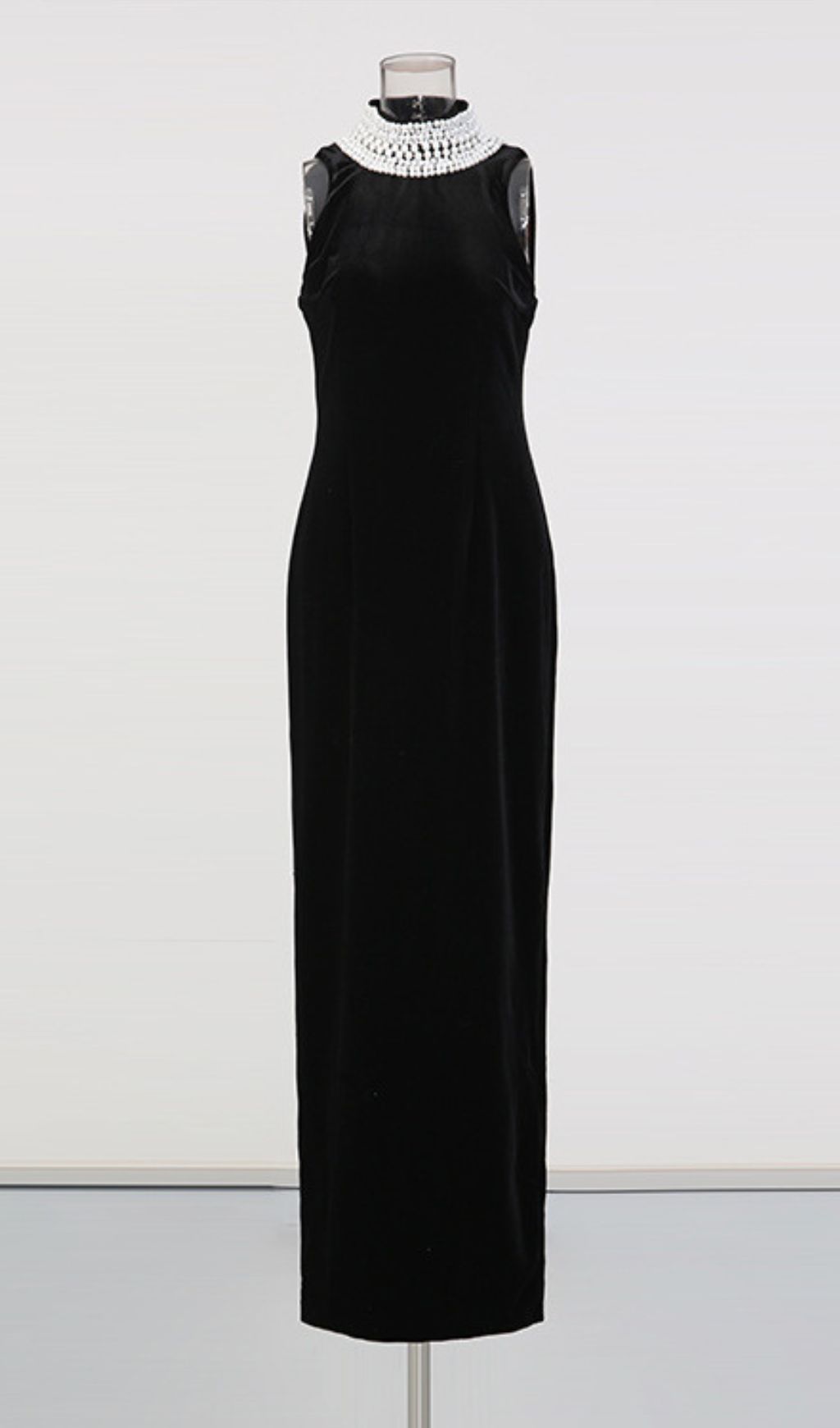 Jovana Black Velvet Pearl Collar Backless Maxi Dress