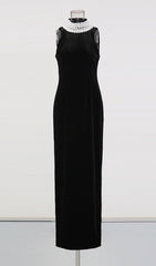 Jovana Black Velvet Pearl Collar Backless Maxi Dress