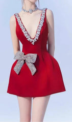 Dazzling Eilis Red Sparkle Mini Dress with Diamond V-Neck & Bow