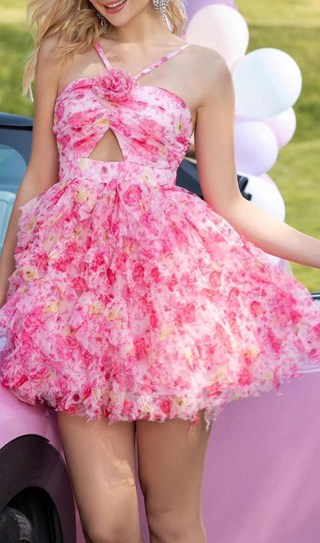 Deirdre Vibrant Pink Floral Halter Mini Dress