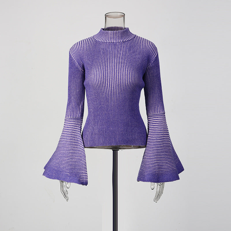 Janli Ribbed Striped Bell Sleeve Sweater