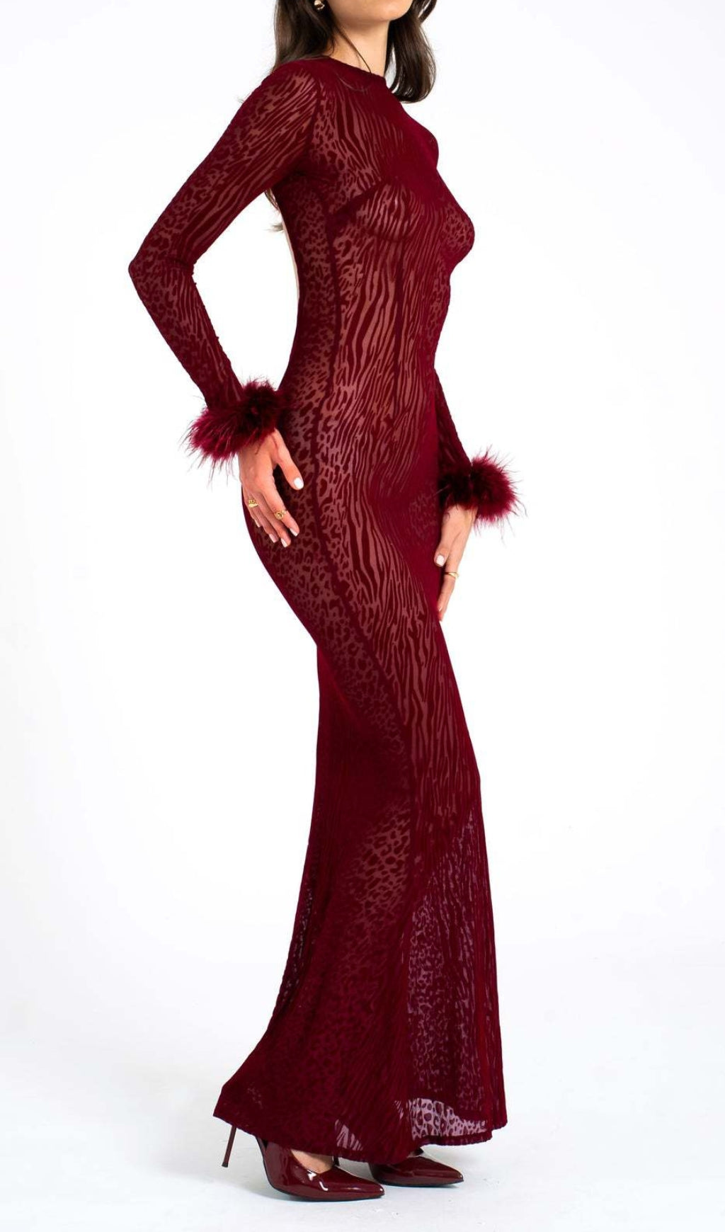 Cascata Glamorous Wine Velvet Mesh Feather Maxi Dress with Cuffs
