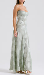 Billie Elegant Pistachio Floral Maxi Dress with Corset Lace-Up Back