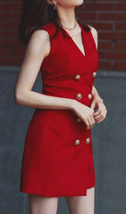 Eisheth Luxe Red Double-Breasted Sleeveless Mini Blazer Dress