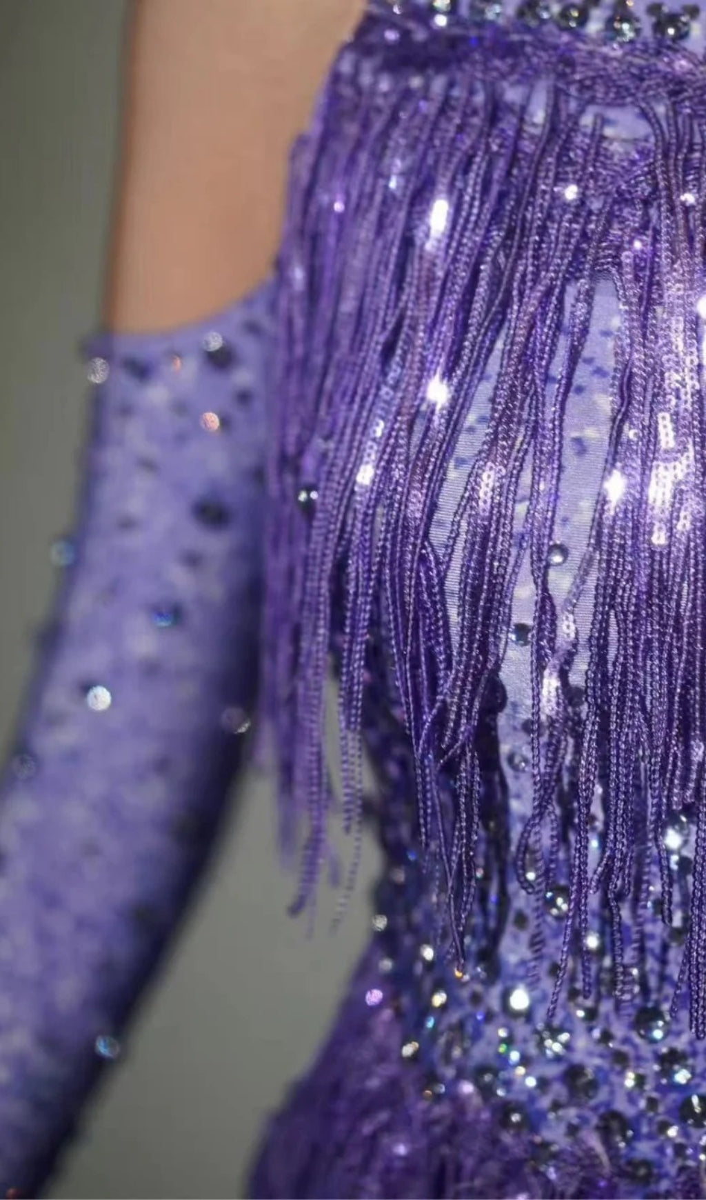 Dazzling Lakendra Long Sleeve Crystal Fringe Bodysuit