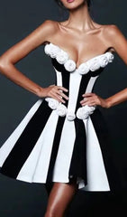 Clodia Chic Strapless Floral & Striped A-Line Bandage Mini Dress