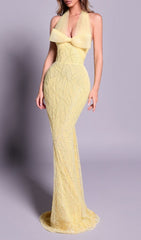 Jermaine Yellow Halter Bow Beaded Maxi Gown