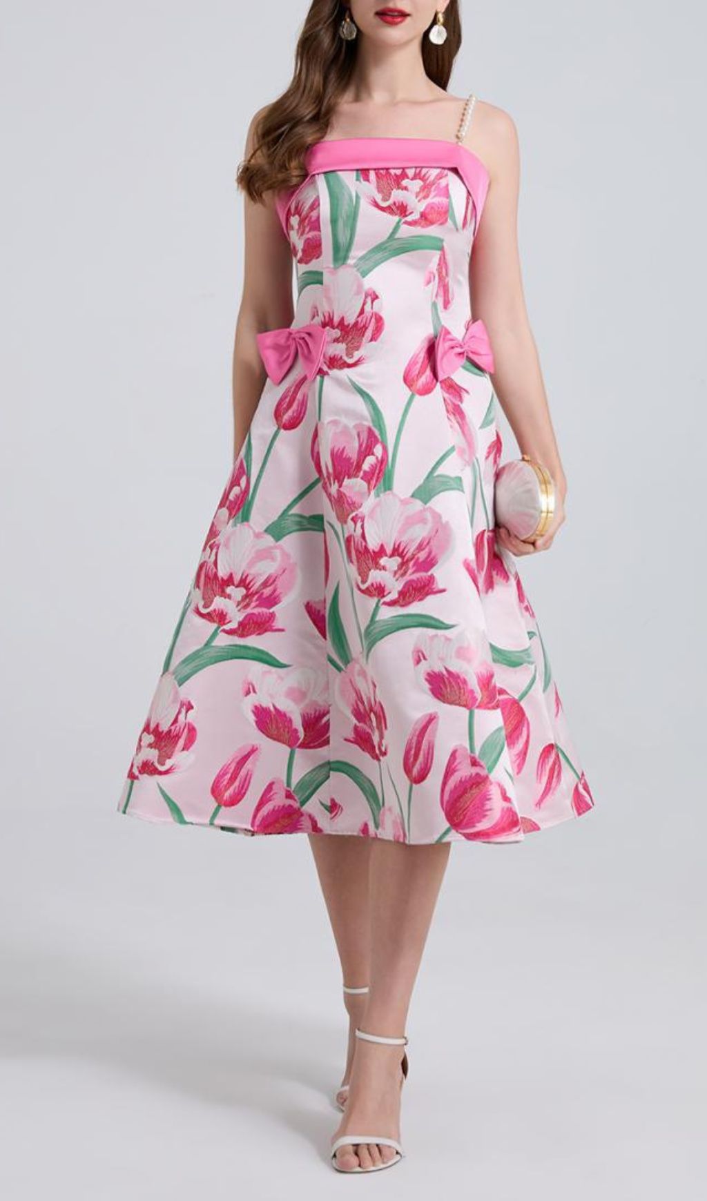 Faylinn Romantic Pink Tulip Floral Midi Dress with Pearl Straps & Chic Bows
