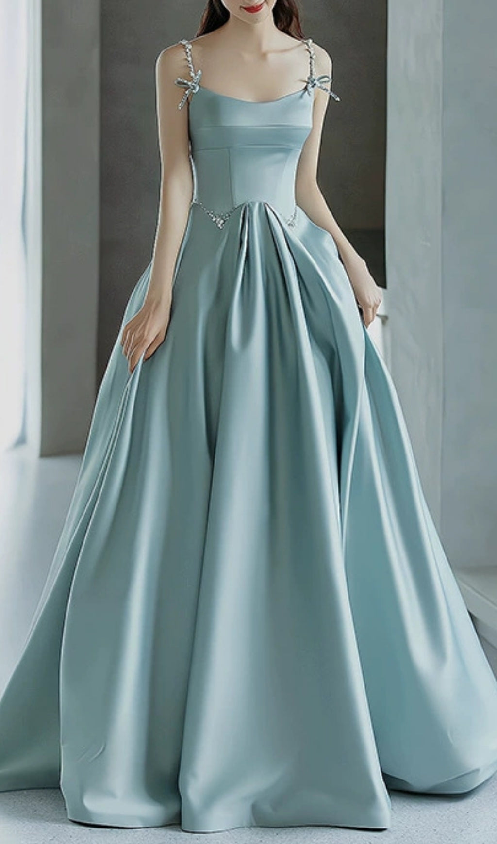 Elliette Enchanting Serene Blue Beaded Strappy Maxi Dress with Pockets