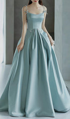 Elliette Enchanting Serene Blue Beaded Strappy Maxi Dress with Pockets