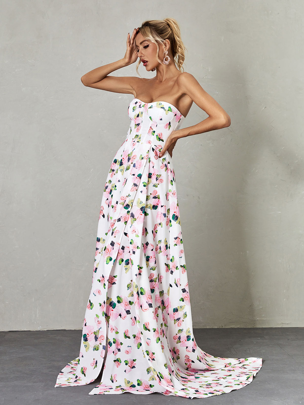 Romantic Floral Strapless Maxi Dress with High Slit