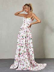 Romantic Floral Strapless Maxi Dress with High Slit