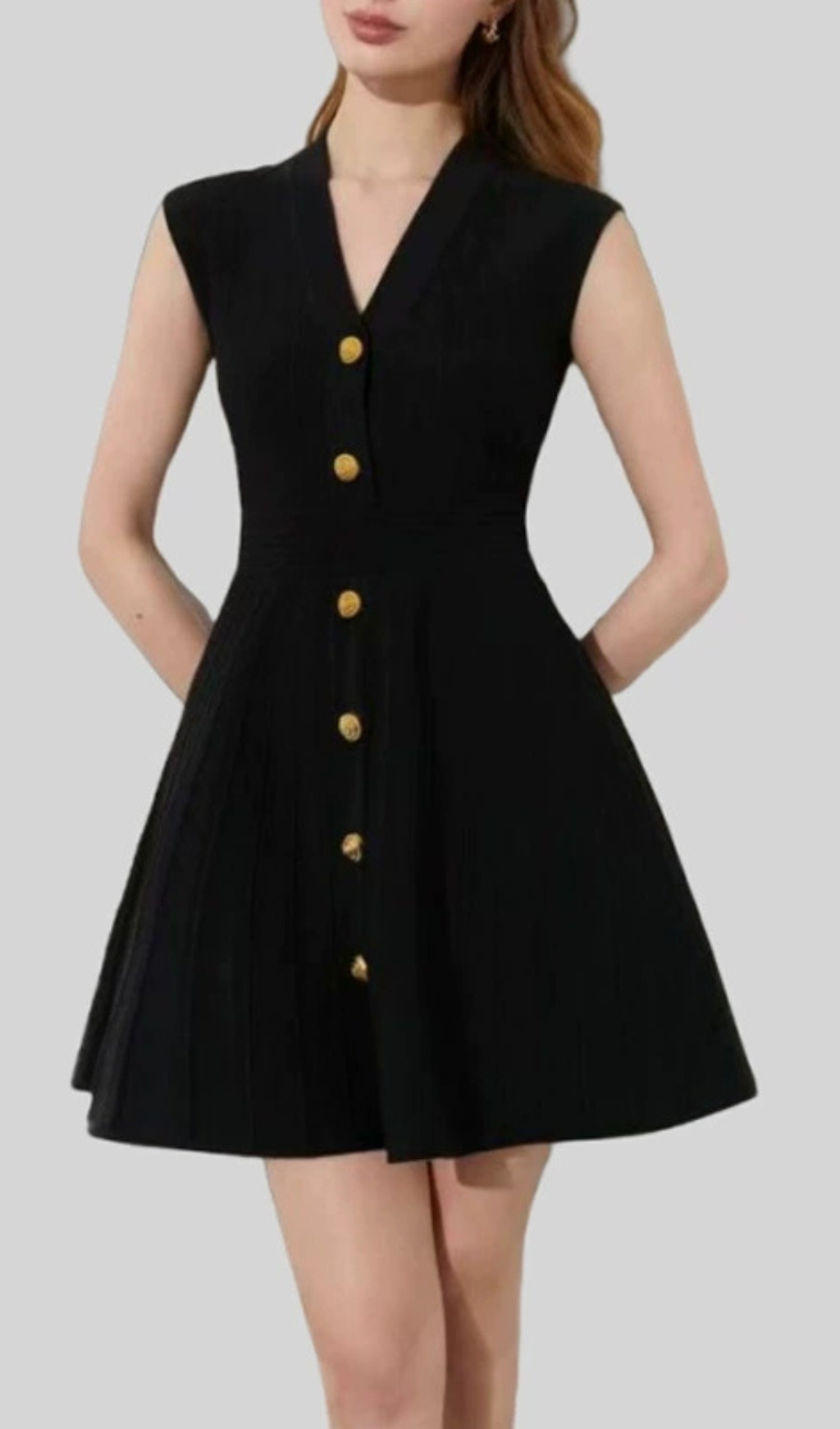 Helen Chic Ribbed Knit Sleeveless Mini Dress with Gold Buttons
