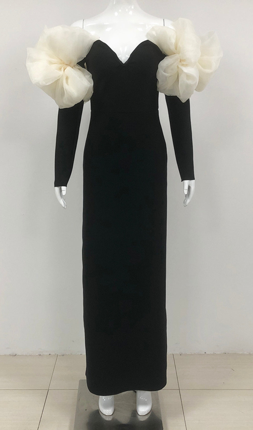 Cezary Black Off-Shoulder Maxi Gown with Sculptural Ruffle Sleeves