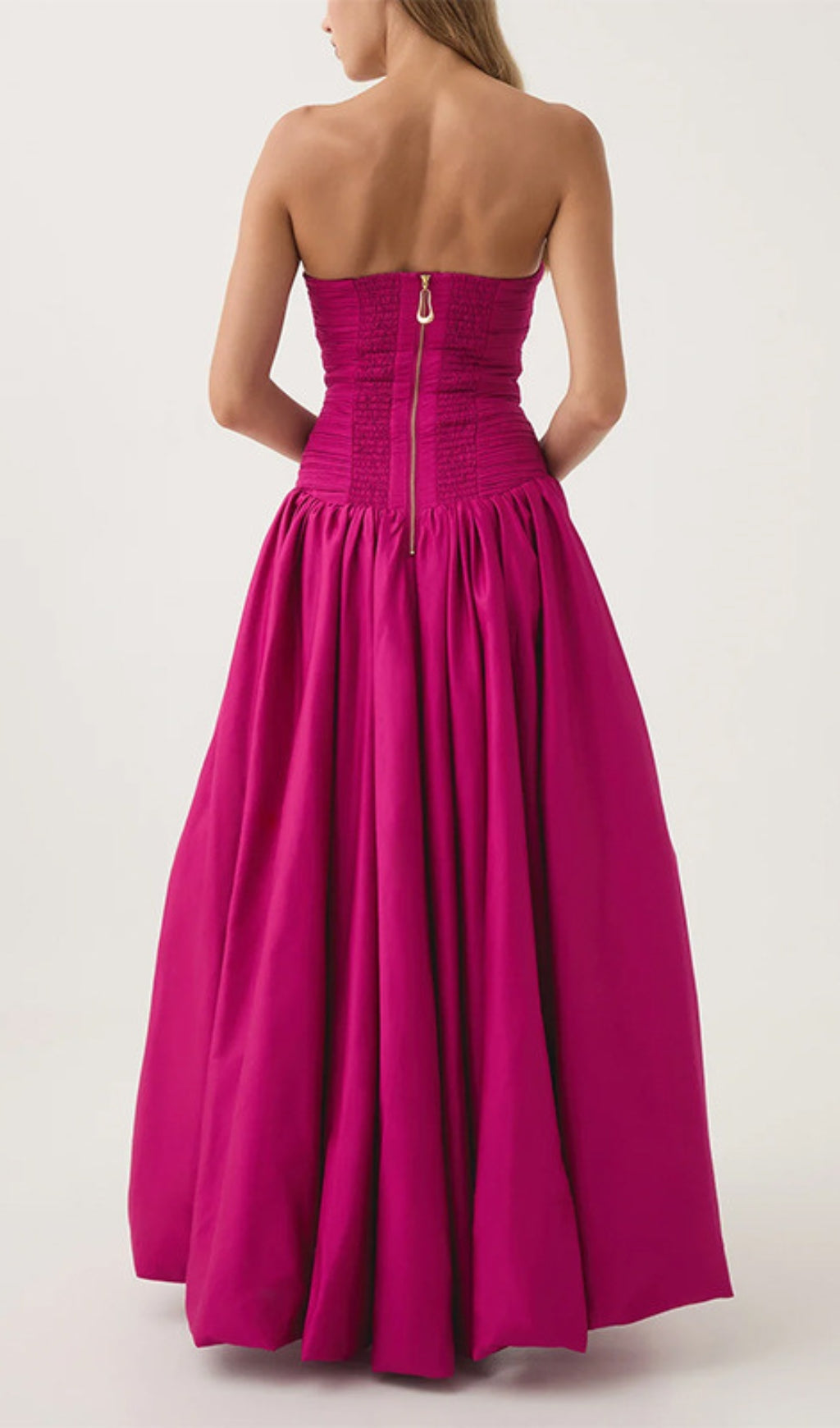 Radiant Hot Pink Strapless Ruched Puff Maxi Gown