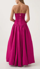 Radiant Hot Pink Strapless Ruched Puff Maxi Gown