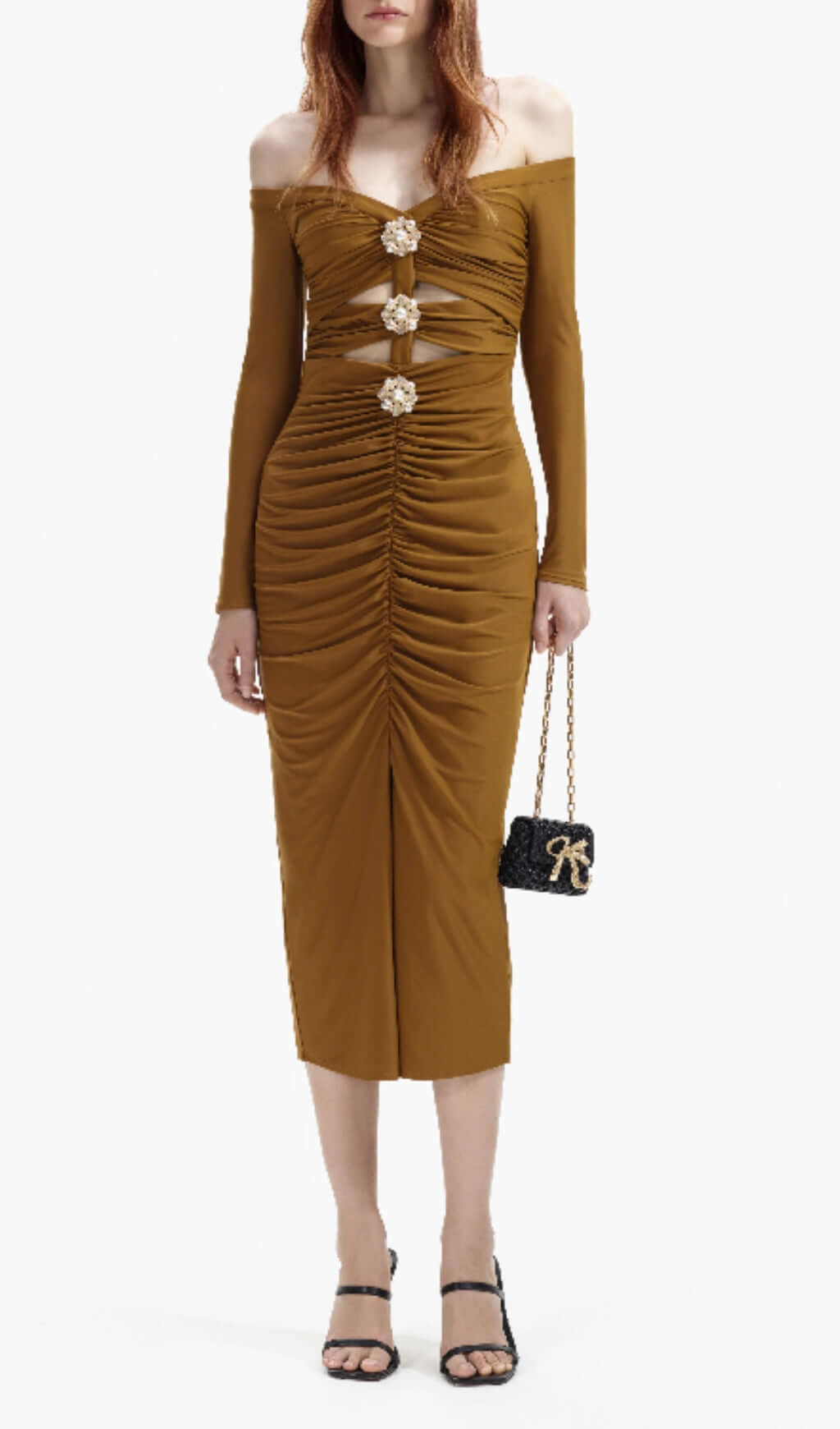 Bora Coffee Cutout Ruched Midi Dress