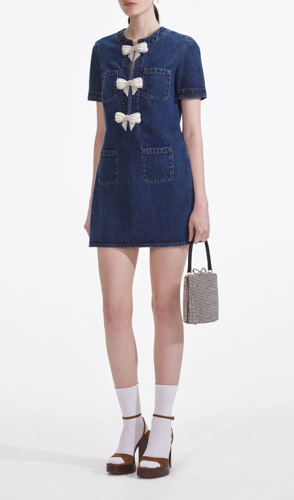 Chic Pearl Bow Denim Mini Dress