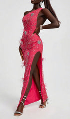 Hannes Dazzling Sequin & Feather One-Shoulder Maxi Gown