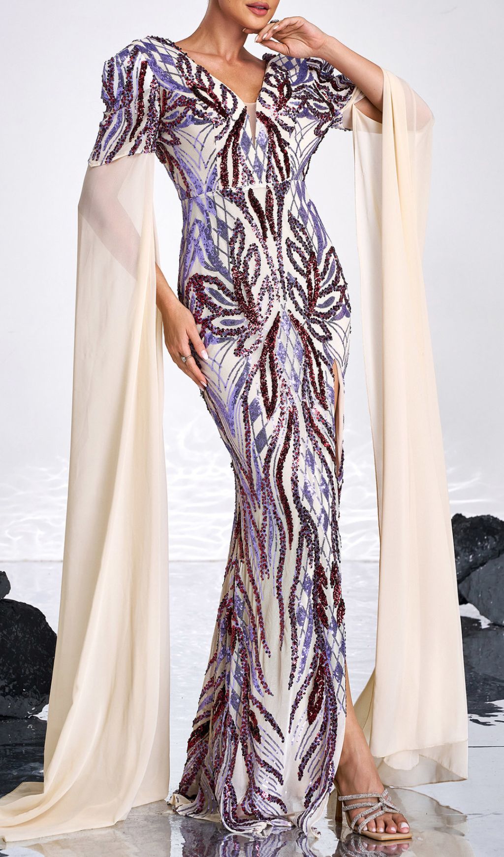 Dazzling Sequin & Cape Slit Maxi Gown
