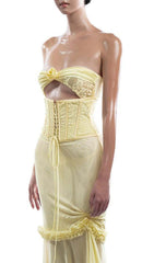 Evren Yellow Ethereal Strapless Corset Maxi Dress with Ruffles